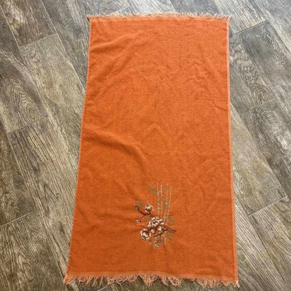 Vtg 1970s Cannon Hand Towel Fringe Embroidered Flowers MCM Orange Made USA